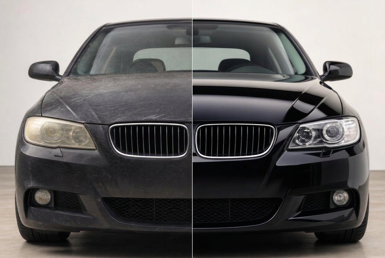 BMW em comparação antes e depois do detalhe: metade suja com farol amarelado e metade polida com farol translúcido
