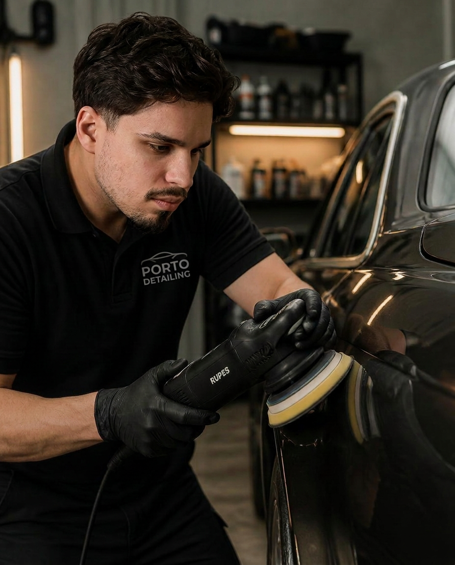 Profissional da VANTA Auto Detail a polir a pintura de um automóvel
